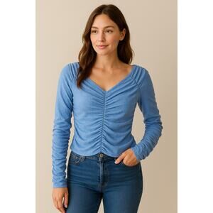 Elodie NWOT Textured Sky Blue Knit Styled Blouse with Ruching Size XL